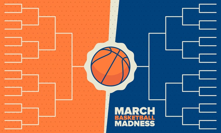 muted orange bracket on left and muted blue bracket on right with vintage-looking basketball in middle