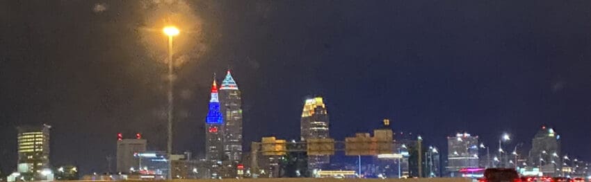 panoramic view of nighttime Cleveland skyline